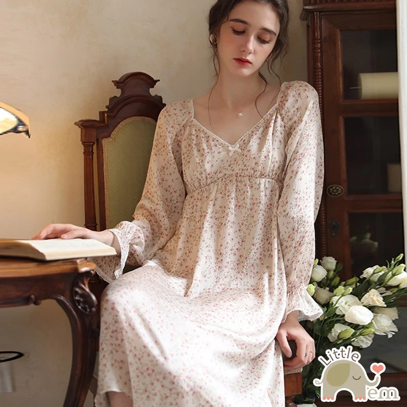 Váy ngủ tiểu thư dài tay chất lụa cao cấp - Hoa nhí
