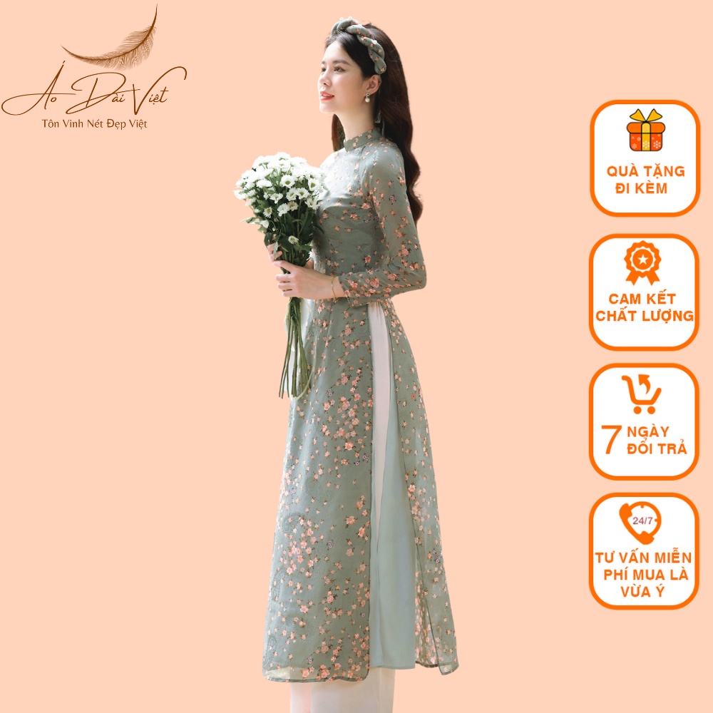 Áo Dài Hoa nhí voon tơ may 4 tà màu hồng + xanh đá nhẹ nhàng