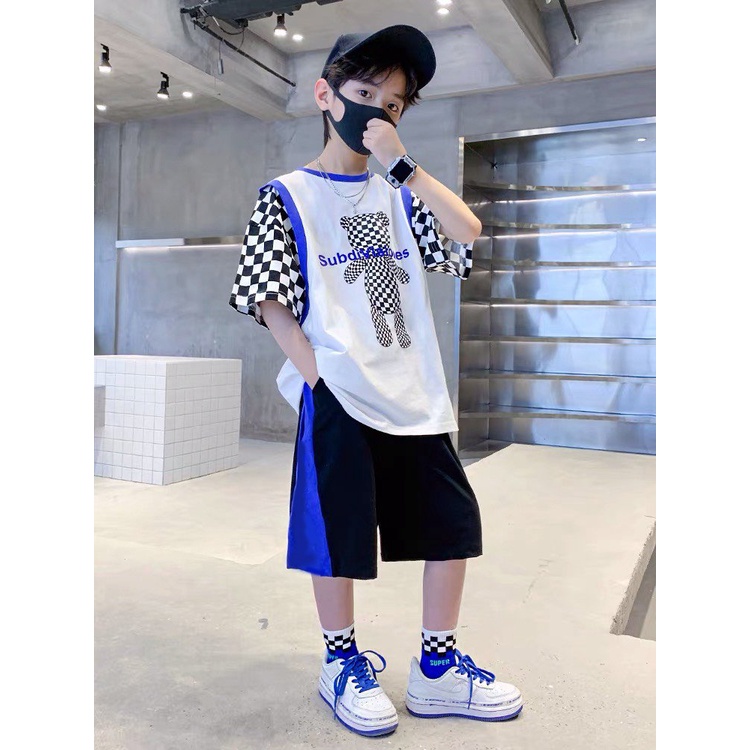 Bộ đồ bé trai Con Xinh cotton hình in gấu SUBO tay phối caro,thời trang dành cho trẻ em từ 4 đến 10 tuổi