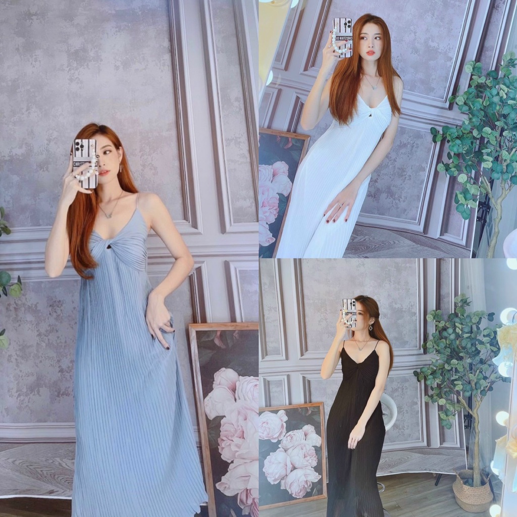Đầm maxi hai dây nhỏ dập ly xoắn ngực siêu đẹp
