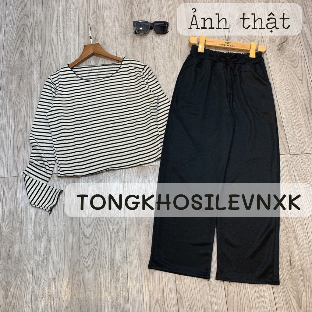 SET ÁO CROPTOP KẺ VIỀN BÈO DÀI TAY MIX QUẦN CULLOTES DÀI