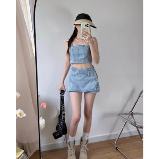 Set jeans xanh nhạt áo crop + váy