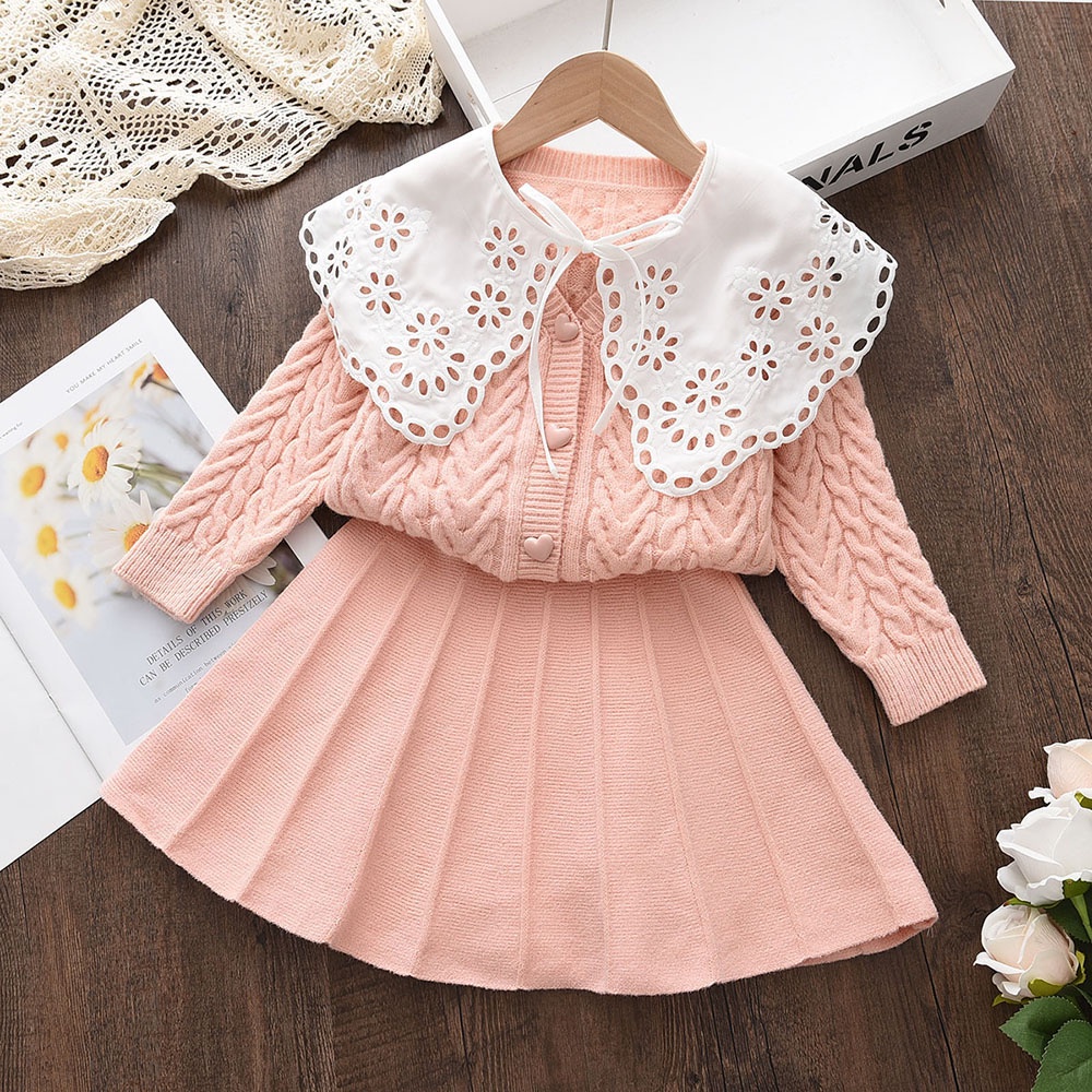 BEAR LEADER Bộ Áo Khoác Cardigan Len 2 Món Phối Đầm Ren Thời Trang Thu Đông Cho Bé Gái 2-6 Tuổi