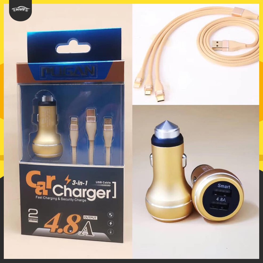 [Chính hãng Pugan] Tẩu sạc Pugan 4.8A dây sạc 3 đầu, sạc nhanh điện thoại và thiết bị điện tử, bộ sạc 3 trong 1 cao cấp