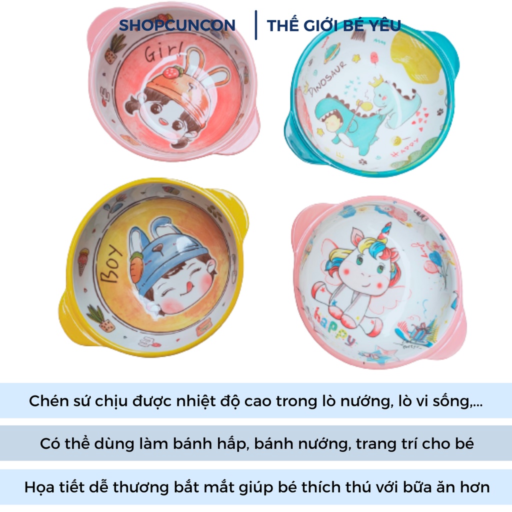 Chén ăn dặm gốm sứ mix sẵn theo màu kèm khay tặng thìa báo nóng ForYourBaby, bát ăn dặm sứ theo màu