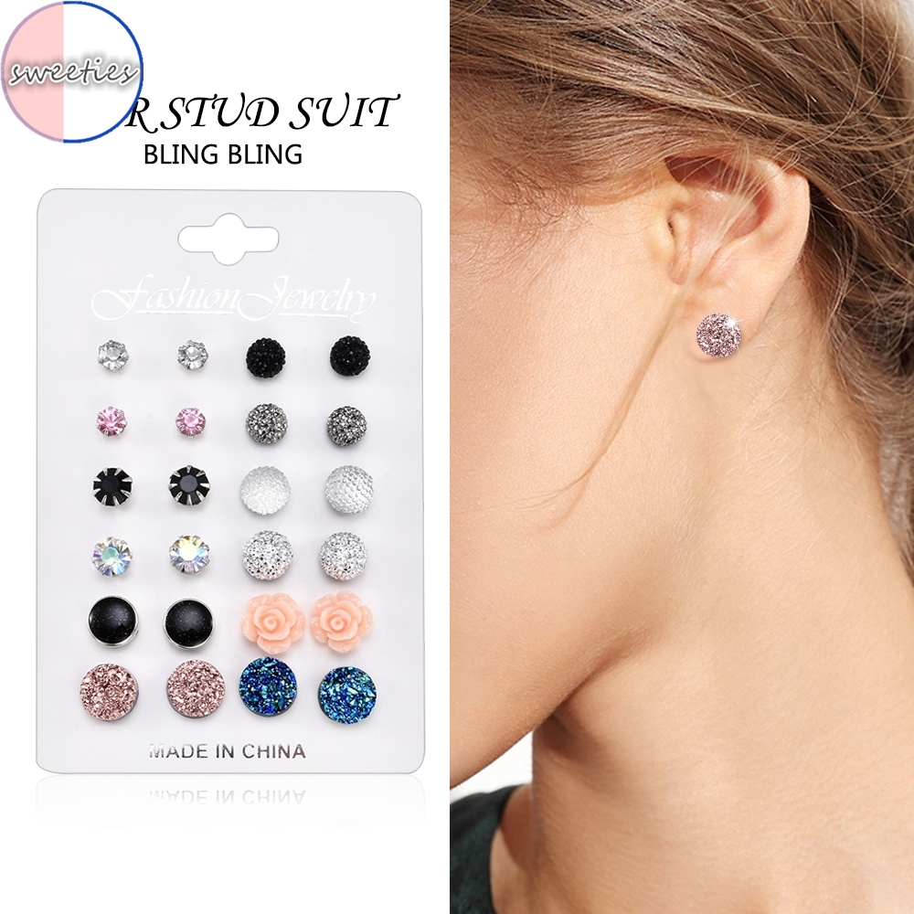 Set 12 Đôi Khuyên Tai Đính Đá Phong Cách Cổ Điển Dành Cho Nữ