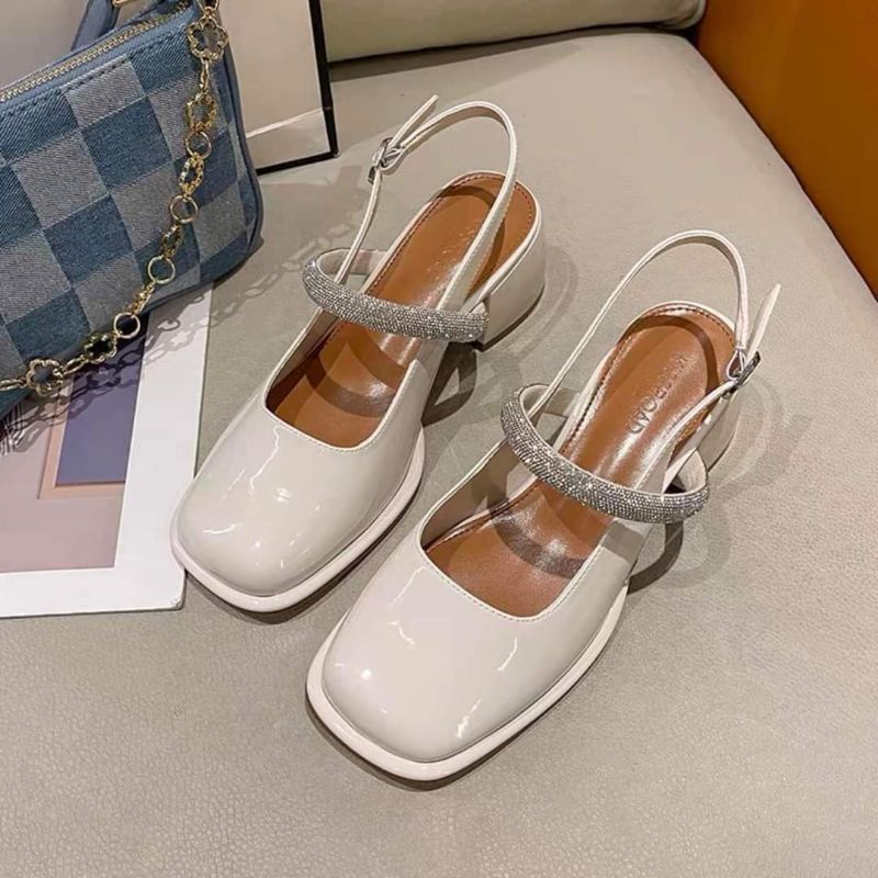 Giày cao gót ,giày búp bê nữ quai ngang đính đá mũi vuông gót cao 5 phân SẴN ĐEN 35