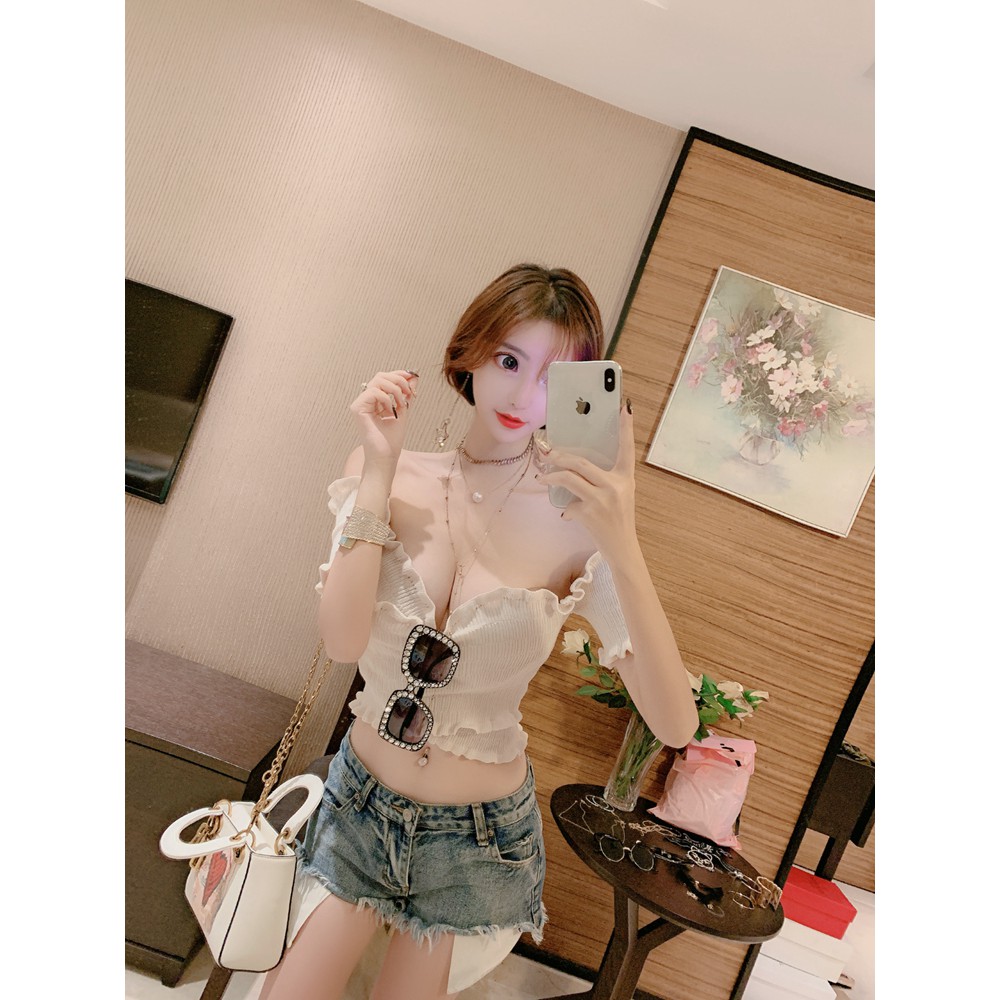 <Hàng Có Sẵn Đặc Biệt> Áo Dệt Kim Dáng Ôm Chéo Dây Ngực Ngắn Gợi Cảm Cẩn Thận Cẩn Thận Cho Nữ | BigBuy360 - bigbuy360.vn