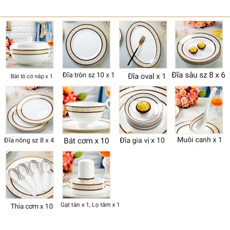 BỘ BÁT TÀI LỘC 56 MÓN SỨ XƯƠNG CAO CẤP