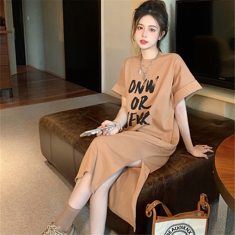 Đầm xẻ tà dáng rộng IELGY in chữ phong cách cổ điển thời trang cho nữ