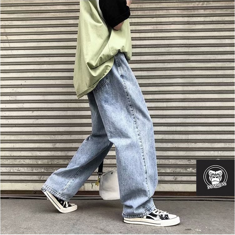 Quần jean ống suông rất rộng nam nữ lưng chun màu xanh 2021 | BigBuy360 - bigbuy360.vn