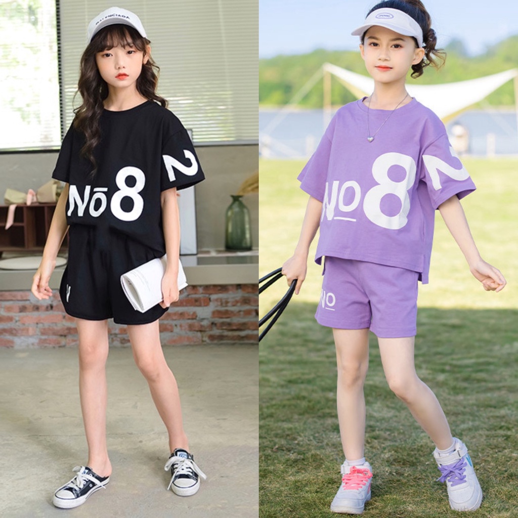 Bộ quần áo thun mùa hè "N*82" 20-45kg cho bé gái 4-14 tuổi. Thiết kế năng động, thoải mái. G9