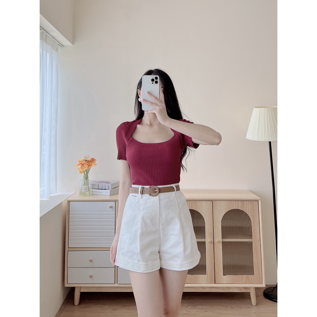 Áo len tăm kiểu trễ cổ thiết kế trẻ trung co dãn mix Quần sooc Quần baggy Eva Lover