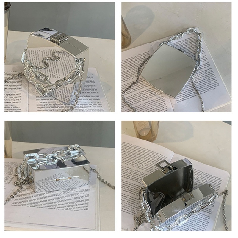 Túi Đeo Chéo Mini Bằng PVC Phối Dây Xích Thời Trang Dự Tiệc Sang Trọng