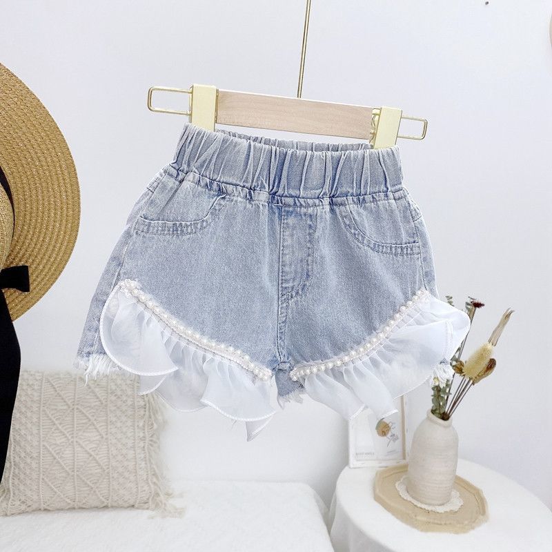 Quần short denim phối ren mềm mại độc đáo phong cách Hàn Quốc thời trang mùa hè cho bé gái