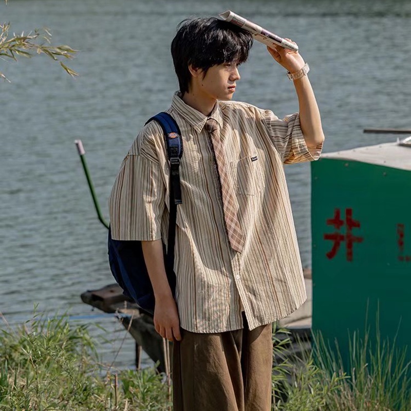 Áo Sơ Mi Tay Ngắn Họa Tiết Sọc Thời Trang Phong Cách Harajuku Cho Nam Size M-2XL