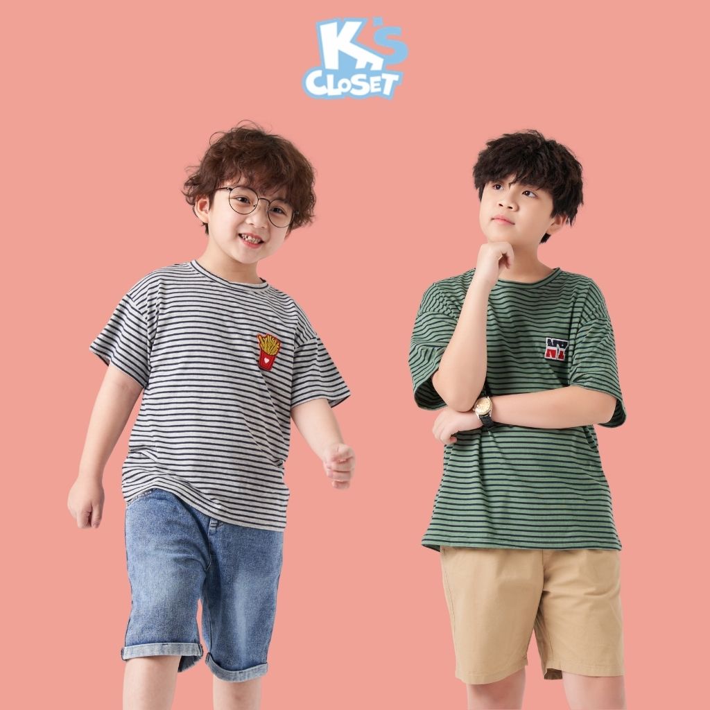 Áo phông cộc tay trẻ em K'S CLOSET sọc kẻ ngang, có hoạ tiết hình nổi trước ngực KT68TWS