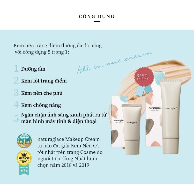 Kem nền hữu cơ đa năng naturaglacé Make Up Cream (02 - Màu be tự nhiên), chống nắng SPF44 PA+++, size mini 15g