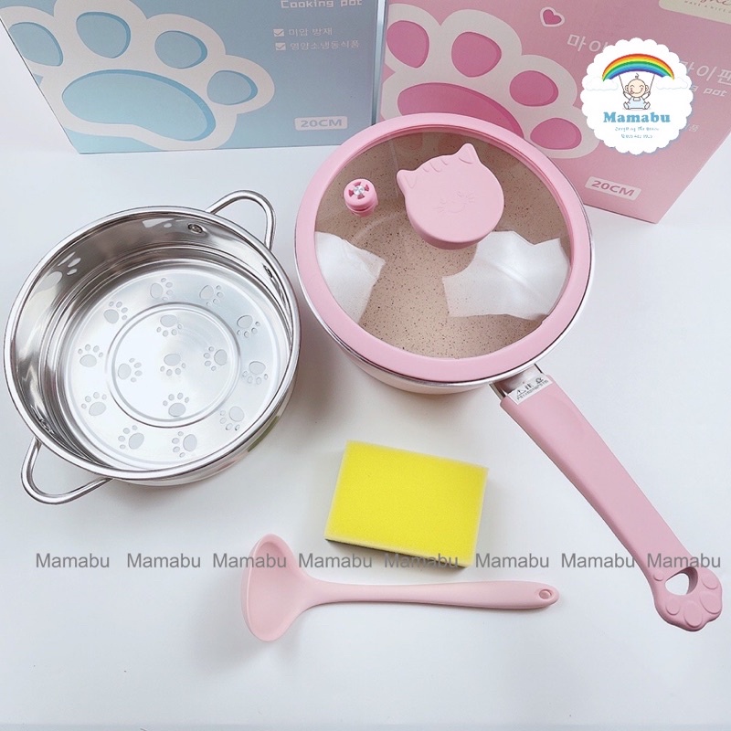 Bộ Nồi Kèm Xửng Hấp Cho Bé Ăn Dặm Hình Mèo Fashion Baby Cat Chống Dính Cao Cấp Dùng Được Mọi Loại Bếp Mamabu