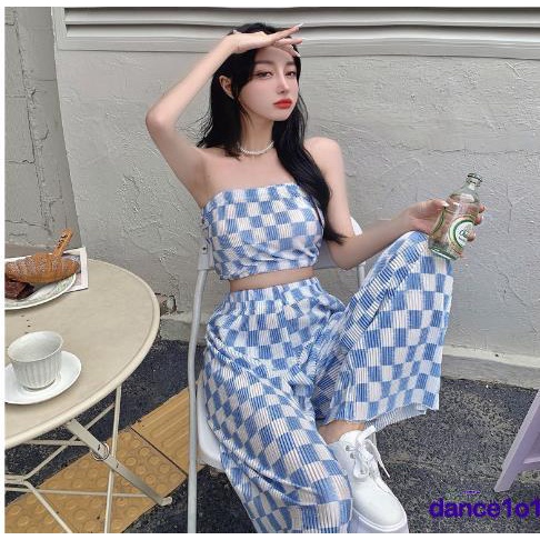 ♀Nc✭Set Áo Ống Họa Tiết Sọc Caro + Quần Dài Lưng Cao Ống Rộng Năng Động Thời Trang Dành Cho Nữ