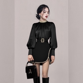 Set áo tay phồng và chân váy lưng cao phong cách Hàn Quốc dành cho nữ