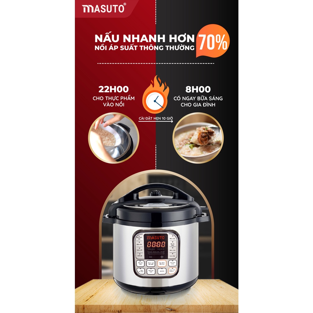 Nồi Áp Suất Điện Đa Năng Masuto 6L Chế Độ Ninh Hầm Siêu Nhanh Tiết Kiệm Thời Gian Nâng Cấp 2023, tặng cọ đa năng