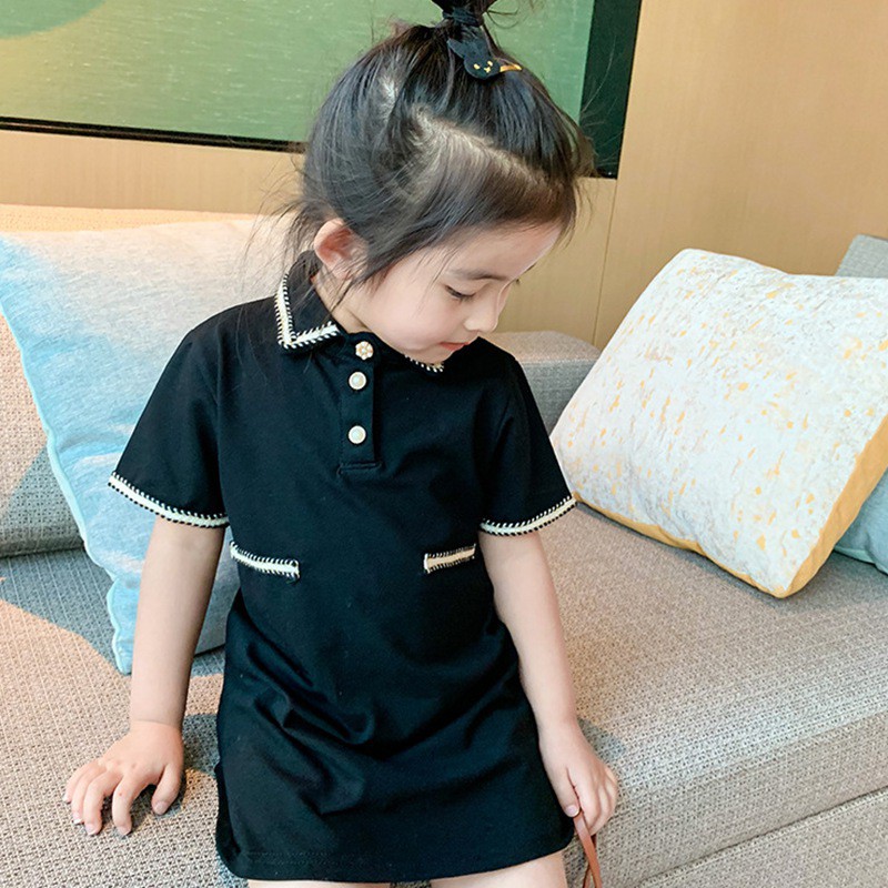 Đầm tay ngắn cổ bẻ phối màu tương phản thời trang mùa hè phong cách Hàn Quốc dành cho bé gái