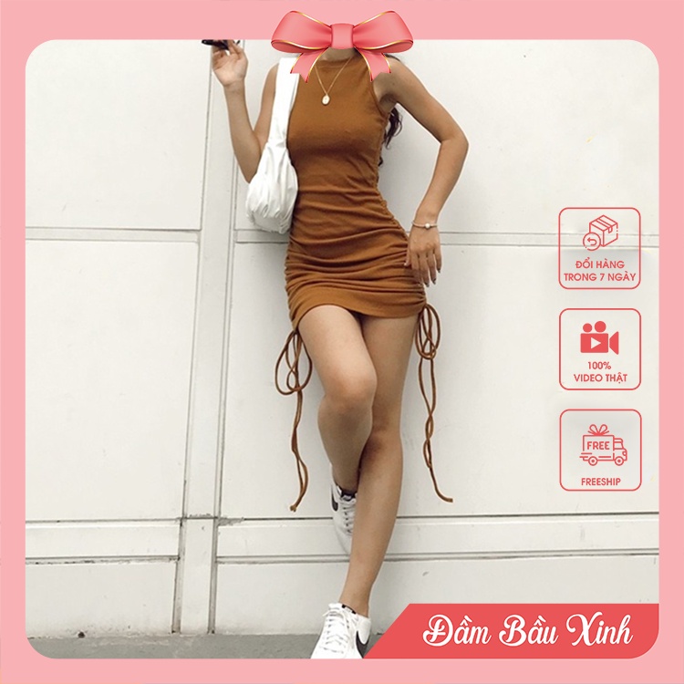 Đầm body sát nách rút dây eo Váy ôm cổ tròn tôn dáng | BigBuy360 - bigbuy360.vn