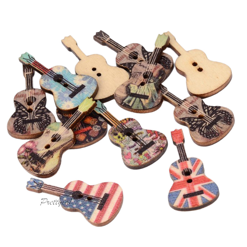 [PRETTYIA1]100pcs Guitar Shape Wooden Sewing Buttons Scrapbooking Embellishments 2-Hole