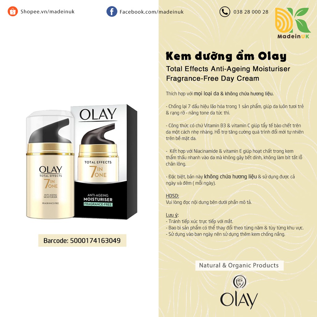 Kem dưỡng ẩm Olay Total Effects 7in1( Bảng nhập UK)