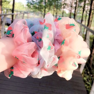 Scrunchies Dây buộc tóc vải voan hoạt tiết dâu tây dễ thương