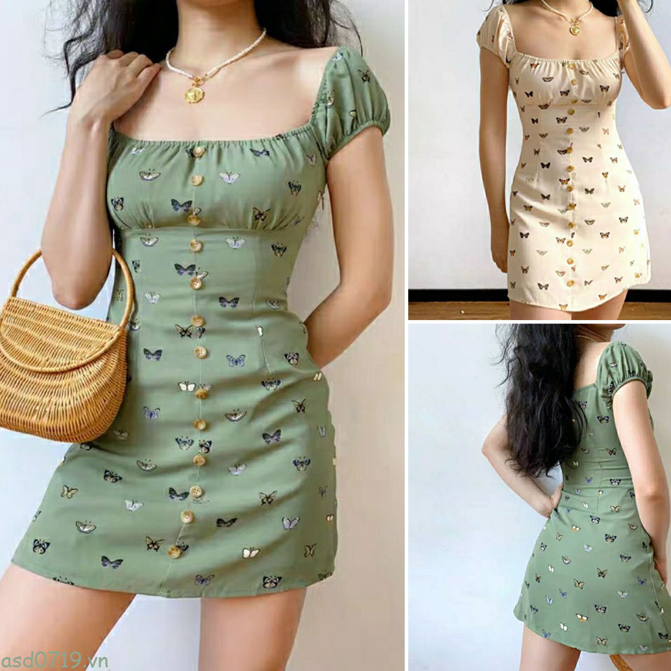 Đầm Tay Phồng In Họa Tiết Bướm Xinh Xắn Theo Phong Cách Pháp