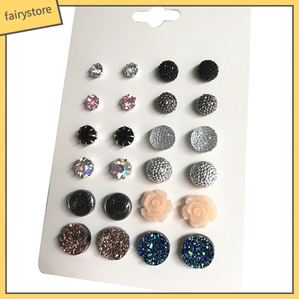 12 Đôi Khuyên Tai Kim Loại Đính Đá Màu Thời Trang Cho Nữ