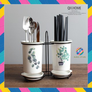 Set 2 lọ ống đựng đũa thìa dĩa bằng sứ họa tiết lá xanh phong cách bắc âu