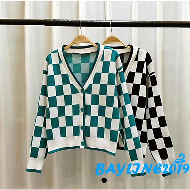 Áo khoác cardigan dệt kim cổ chữ v tay dài dáng rộng in họa tiết kẻ ô màu xanh lá/đen