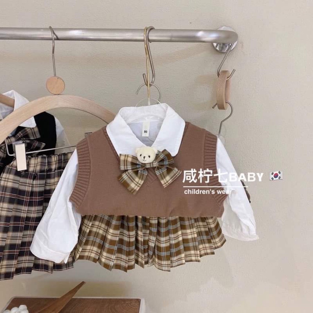 Đầm bé gái, set 3ct: áo sơ mi, áo len gile và chân váy xếp ly cho bé