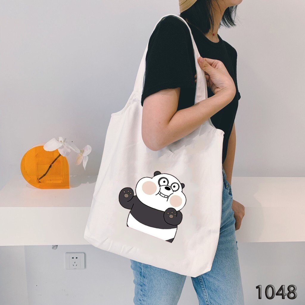 Túi tote trắng vải Canvas in họa tiết Panda Mập dễ thương Phong cách Ulzzang