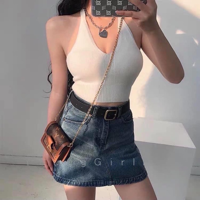 ÁO CROPTOP LEN CỔ YẾM (KÈM VIDEO HÌNH THẬT)