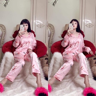 [BỘ NGỦ CAO CẤP] Bộ lụa tay dài hạc hồng trắng