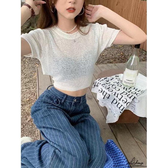 Áo Thun Crop Top Tay Ngắn Cổ Tròn Màu Trơn Xuyên Thấu Thời Trang Mùa Hè Cho Nữ