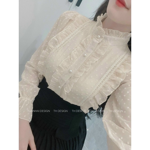 🌾Áo sơ mi viền bèo 2 màu trắng, be size S M siêu đẹp.