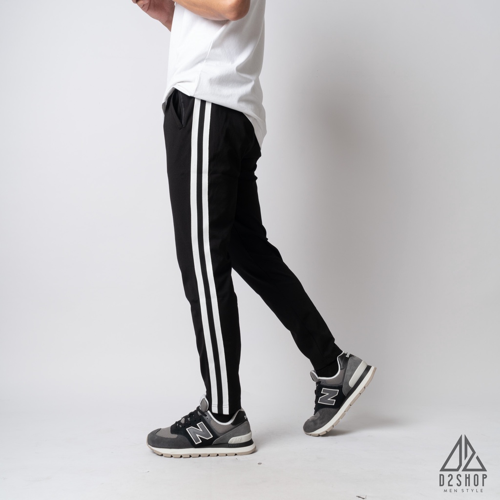 Quần thể thao nam D2shop, quần thun nam co giãn màu đen, 2 sọc trắng