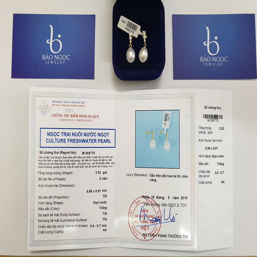Bông tai ngọc trai tự nhiên đính đá phần khuyên chốt gài bạc ý S925 PAG Pearl B2355 3 màu-Trang Sức Bảo Ngọc Jewelry