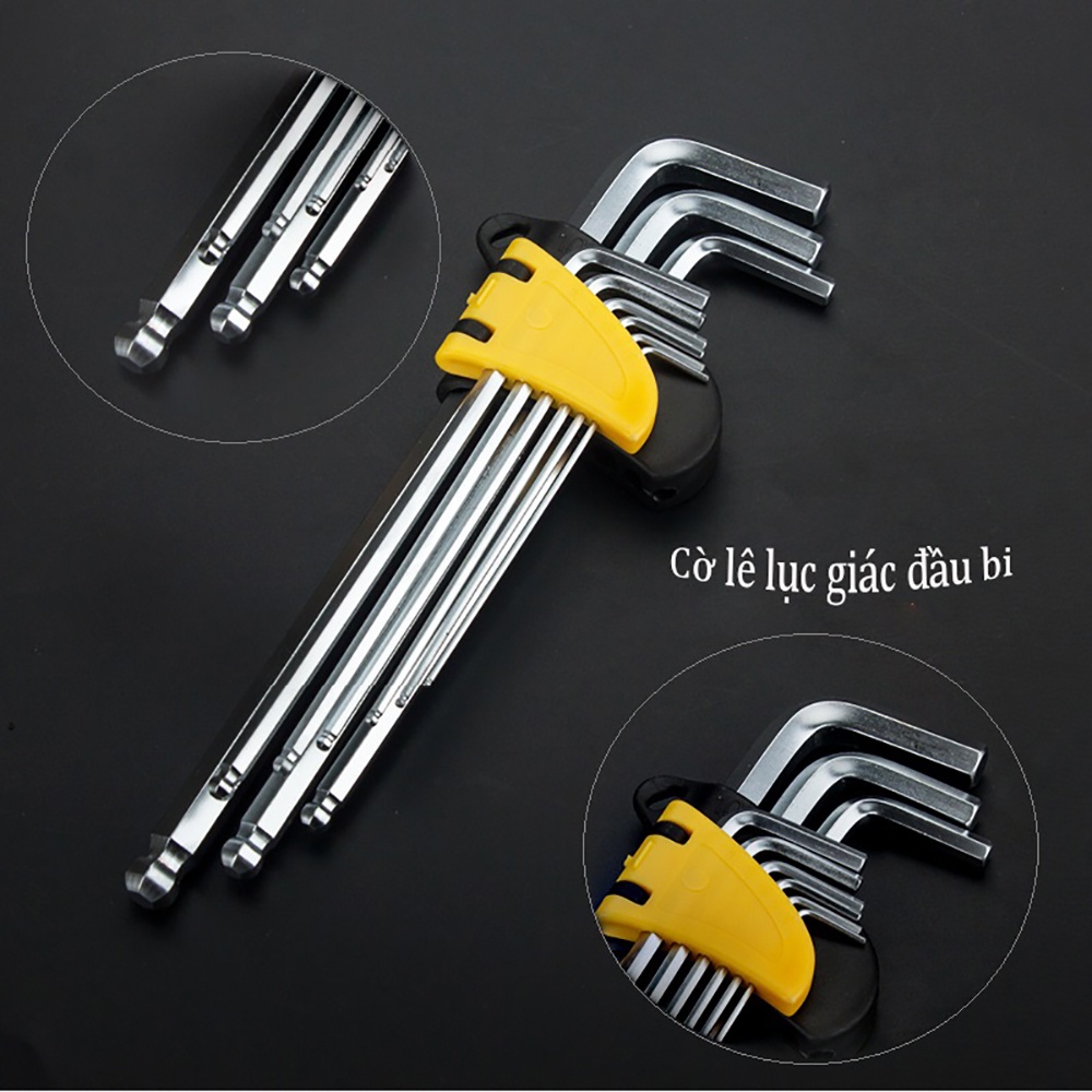 Bộ Lục Giác Đầu Bi Chính Hãng ABG 9 Cây Thép Không Gỉ CR-V6150 Dụng Cụ Tháo Vặn Chống Mài Mòn Bọc Nhựa An Toàn