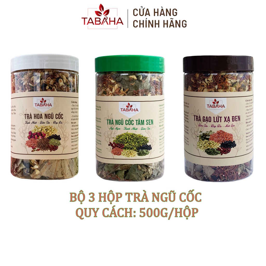 Bộ 3 hộp Trà Ngũ Cốc TABAHA 500G - Hoa Ngũ Cốc, Gạo Lứt Xạ Đen, Tâm Sen