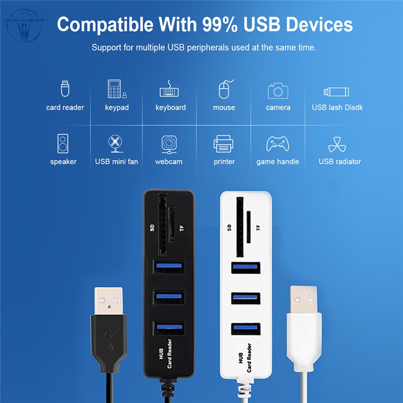 DG 3 Ports High Speed USB 2.0 Hub Splitter Multi USB Combo 2 in 1 SD/TF Card Reader for PC
