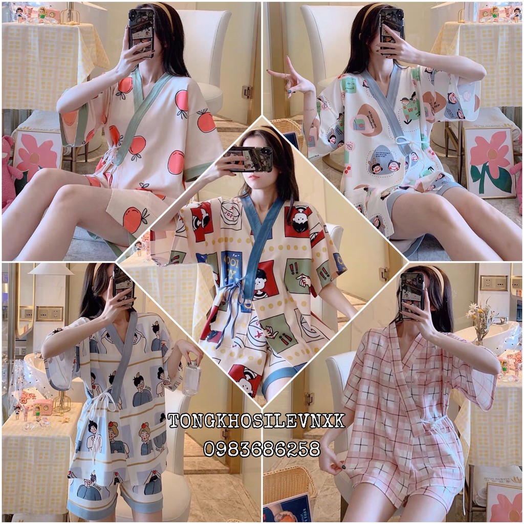 Bộ Pijama Nữ Dây Eo Cộc Tay Icon 🦋 Set Ngủ Mặc Nhà Ngắn Tay Nhiều Màu 🦋 Bộ đồ Kimono Kẻ Emo Nam nữ - Yukata quả đào