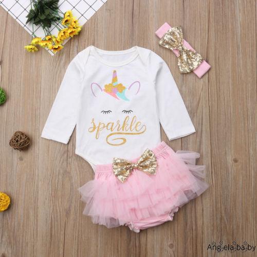 3Pcs Unicorn Baby Girls Top Long Sleeve Romper+Shorts Skirt+ Sequin Bowknot Headband Sets