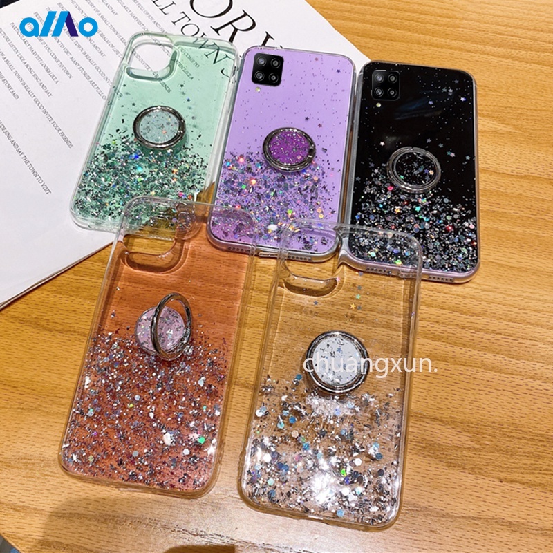 Ốp điện thoại TPU dẻo đính đá lấp lánh có nhẫn giá đỡ cho Samsung Galaxy A22 A05 A52 A72 A32 A42 A02 M02 A02S A12 4g 5g