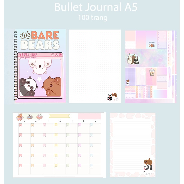 Sổ bullet journal ba anh em gấu SBJ28 A5 100 trang 160gsm chấm kẻ ngang monthly planner Sổ tay vẽ chì Sketchbook